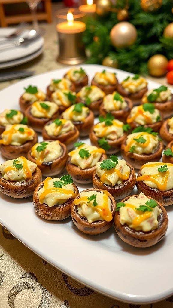 Elegant stuffed mushrooms filled with creamy cheese and herbs, garnished with parsley on a platter.